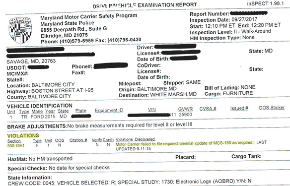 DOT Roadside Inspection Violation
